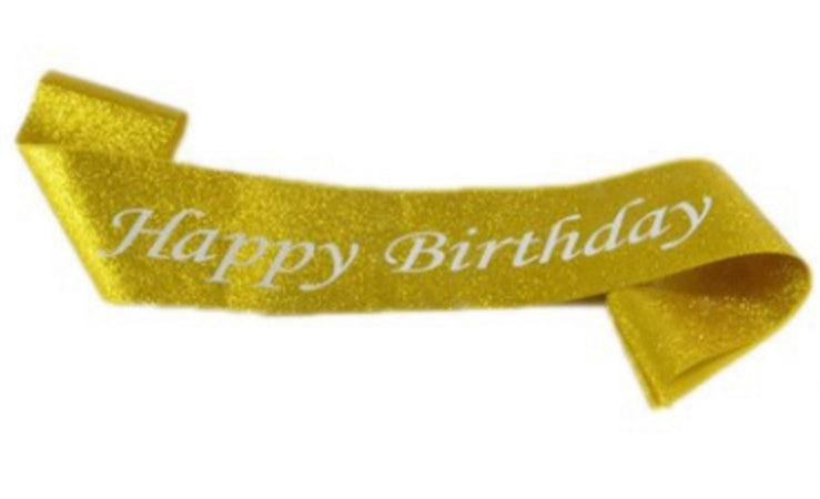 Happy Birthday Sash Glitter Gold With White Writing