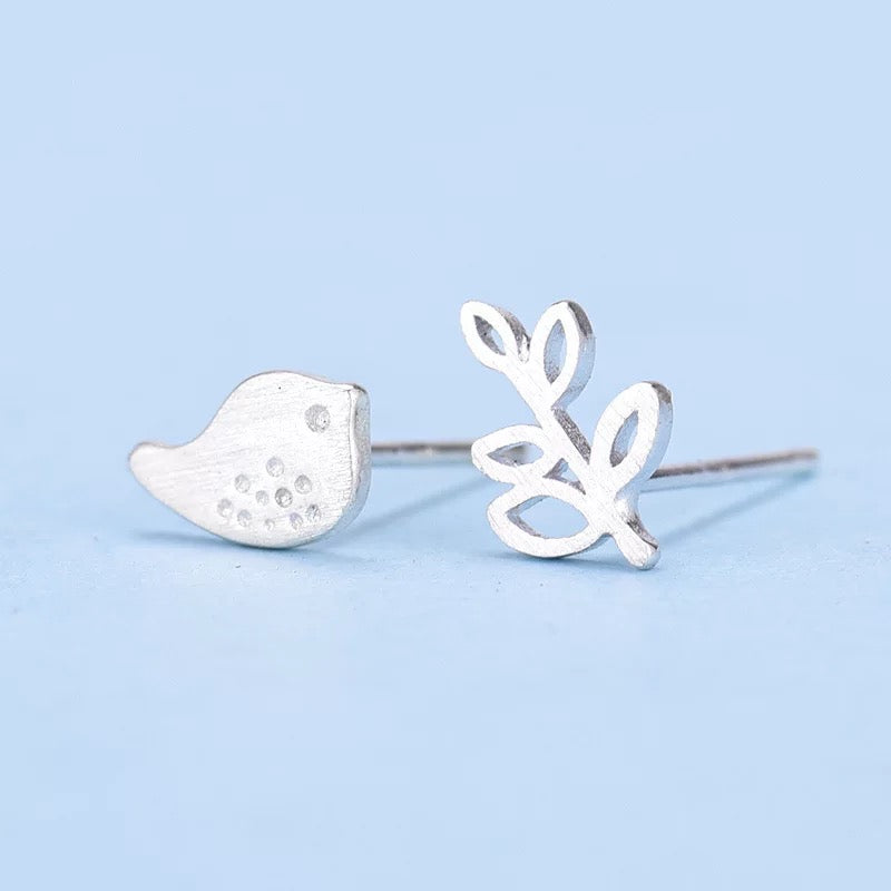 925 Silver Ear Stud Bird and Leaf