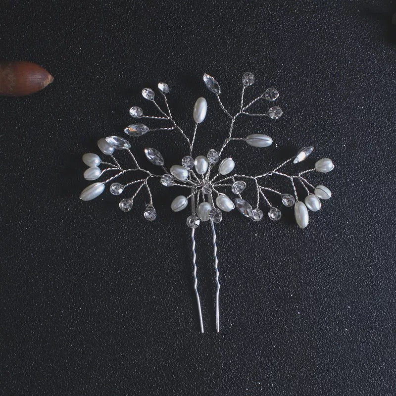 Bridal Pearl Flower Crystal Hairpiece Silver