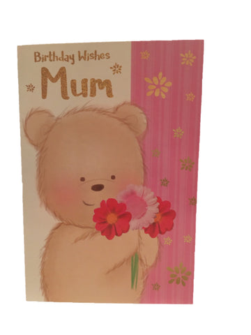 Image of Greeting card birthday wishes mum teddy  with flower 