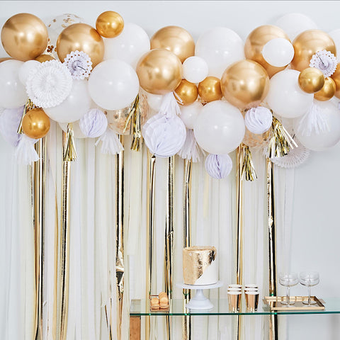 Image of Gold - Mix It Up Metallic Fancy Balloon Garland With Gold Fringe Garland Honeycomb And Fans