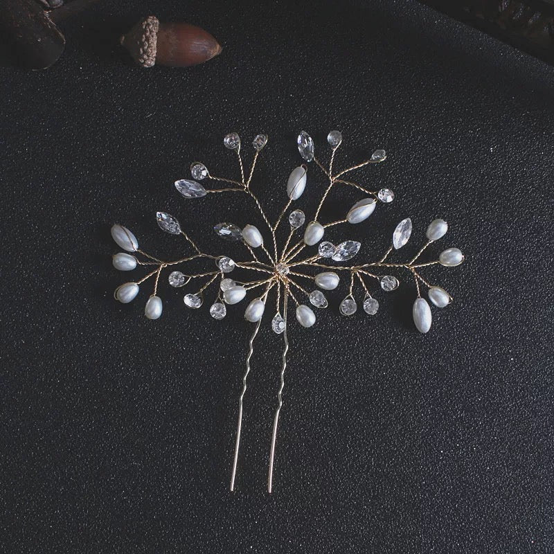 Bridal Pearl Flower Crystal Hairpiece Gold