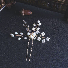 Bridal Pearl Flower Crystal T-shape Hairpiece Gold